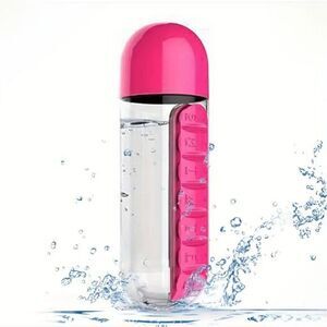 Portable Sports Water Medication Bottle Plastic 20oz with Built-in Pill Box Pink